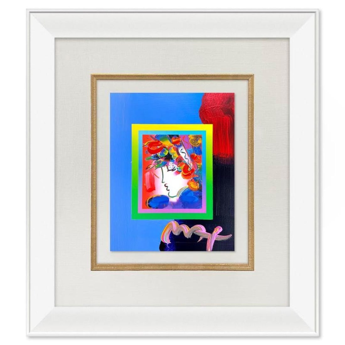 Peter Max, "Blushing Beauty" Framed One-of-a-Kind Acrylic Mixed Media, Hand Signed with Registration: Blushing Beauty is a hand signed one-of-a-kind acrylic mixed media on paper by Peter Max. The piece comes custom framed with a backside cutout to display Peter Max Studio registration number 280990 ce