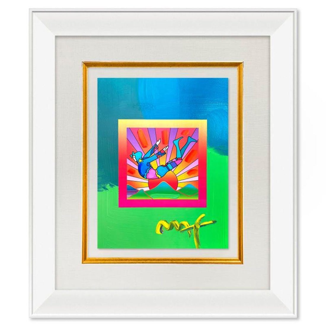 Peter Max, "Cosmic Flyer" Framed One-of-a-Kind Acrylic Mixed Media, Hand Signed with Registration: Cosmic Flyer is a hand signed one-of-a-kind acrylic mixed media on paper by Peter Max. The piece comes custom framed with a backside cutout to display Peter Max Studio registration number 267357 certi