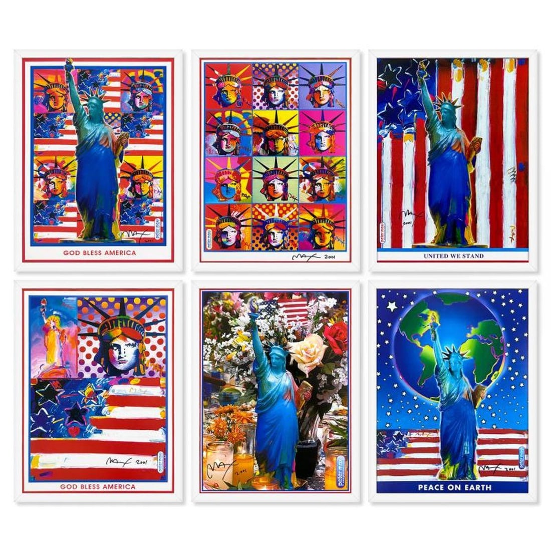 Peter Max, "6 Piece 9-11 Set" Framed Hand Signed Offset Lithograph Set with Letter of Authenticity.: 6 Piece 9-11 Set is an offset lithograph set on paper by Peter Max. This set consists of the titles: "911 Liberty & Justice for All", "911 God Bless America I", "911 God Bless America II", "911 United