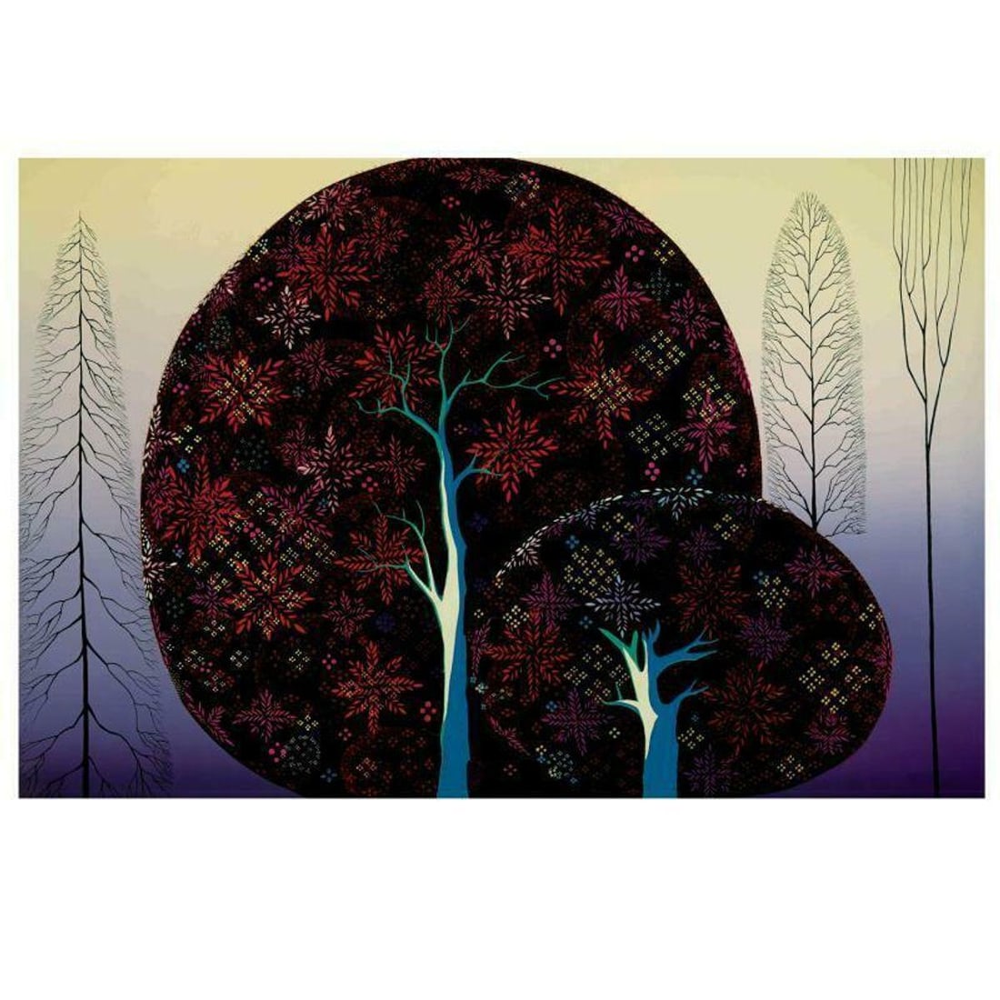 Eyvind Earle (1916-2000), "A Tree Poem" Limited Edition Serigraph on Paper; Numbered & Hand Signed;: A Tree Poem is a limited edition serigraph on paper by Eyvind Earle (1916-2000). The piece is numbered, hand-signed by the artist, and accompanied by a certificate of authenticity. Measures approximat