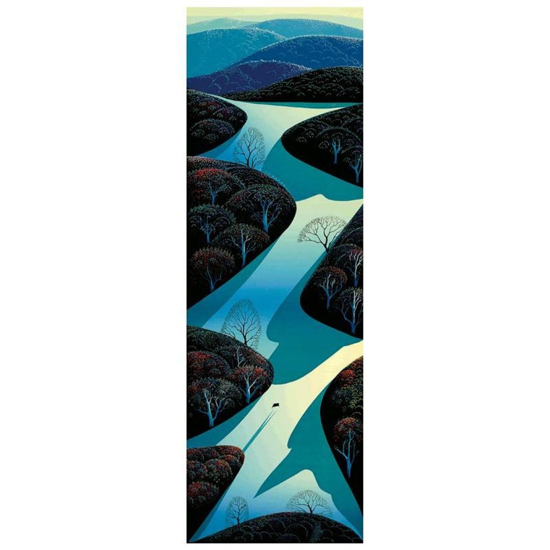 Eyvind Earle (1916-2000), "Fields Ascending" Limited Edition Serigraph. Hand Signed and Certificate: Fields Ascending is a limited edition serigraph on paper by Eyvind Earle (1916-2000). The piece is numbered, hand-signed by the artist, and accompanied by a certificate of authenticity. Measures appro