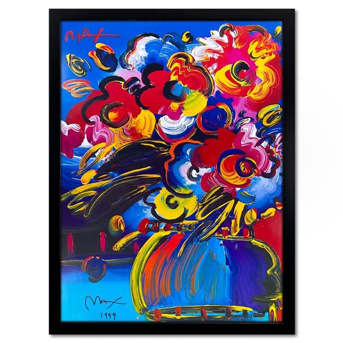 Peter Max, "Flowers" Framed Hand Signed Offset Lithograph with Letter of Authenticity.: Flowers is an offset lithograph on paper by Peter Max, hand signed by the artist. This piece comes custom framed. Includes Letter of Authenticity. Measures approx. 36.5" x 27" (frame), 32.5" x 23" (im