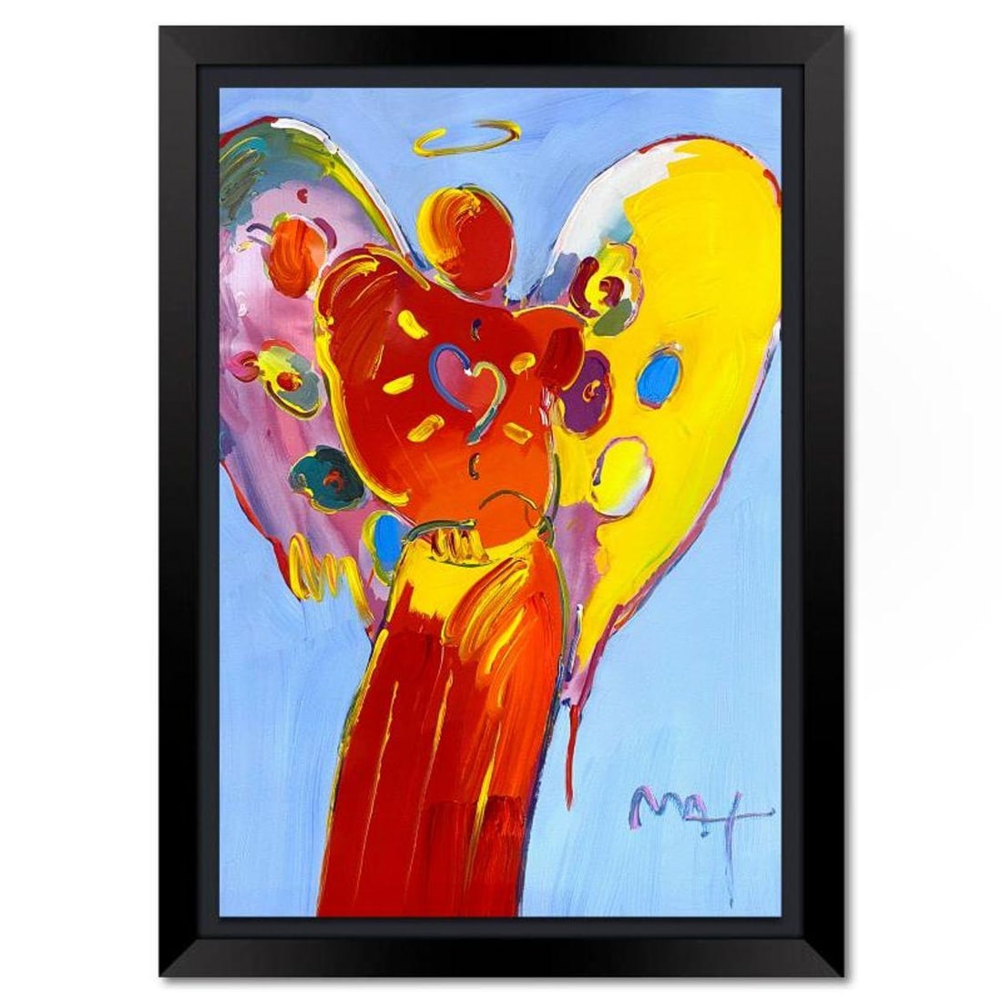 Peter Max, "Angel with Heart" Framed One-of-a-Kind Mixed Media, Hand Signed with Registration Number: Angel with Heart is a one-of-a-kind mixed media on paper, hand signed by Peter Max. The piece comes custom framed with a backside cutout to display Peter Max Studio registration number 289058 certifyi
