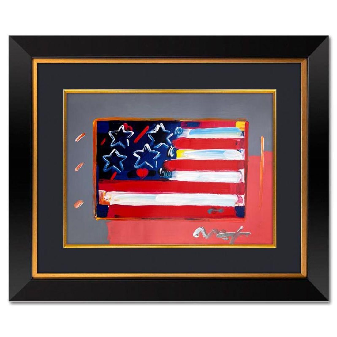 Peter Max, "Flag" Framed One-of-a-Kind Mixed Media, Hand Signed with Registration Number Certifying: Flag is a one-of-a-kind mixed media on paper, hand signed by Peter Max. The piece comes custom framed with a backside cutout to display Peter Max Studio registration number 207563 certifying authentic