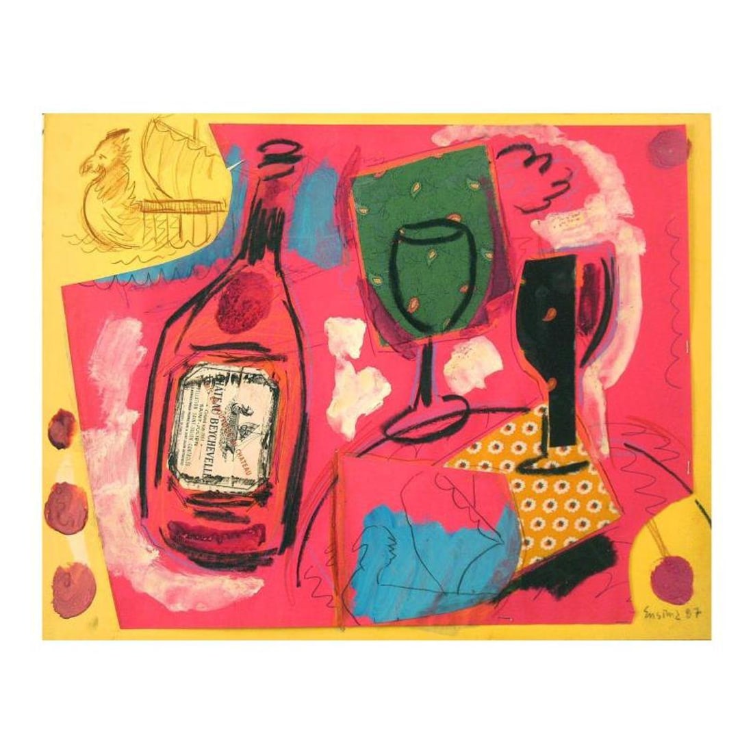 Wayne Ensrud "Beychevelle Still Life" Mixed Media Original Artwork; Hand Signed; COA: Beychevelle Still Life is an original Mixed Media on Board by Wayne Ensrud. The piece is hand signed by the artist and comes with a Certificate of Authenticity. Measures approximately 19" x 24".