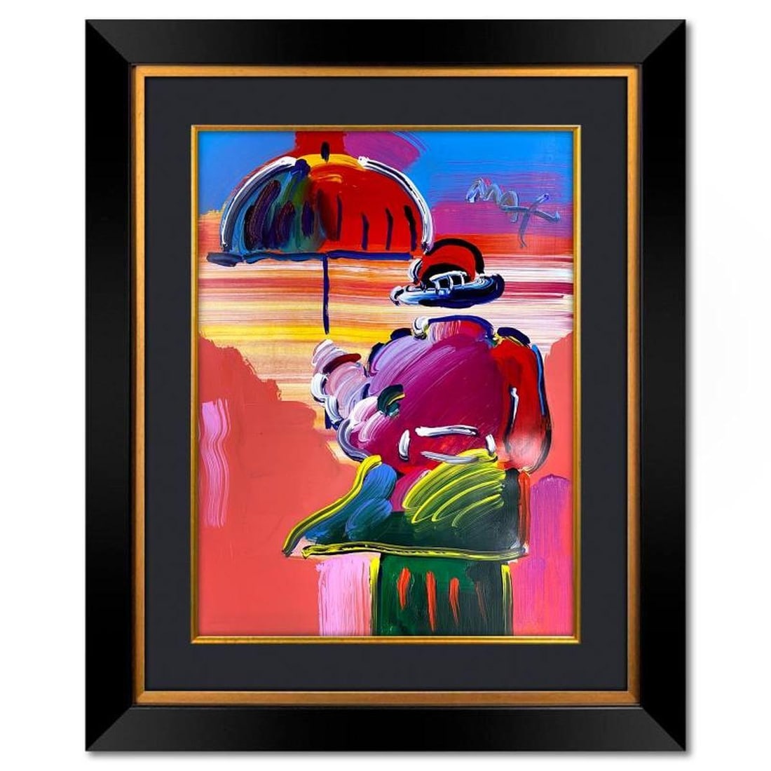 Peter Max, "Umbrella Man" Framed One-of-a-Kind Mixed Media, Hand Signed with Registration Number: Umbrella Man is a one-of-a-kind mixed media on paper, hand signed by Peter Max. The piece comes custom framed with a backside cutout to display Peter Max Studio registration number 252194 certifying a