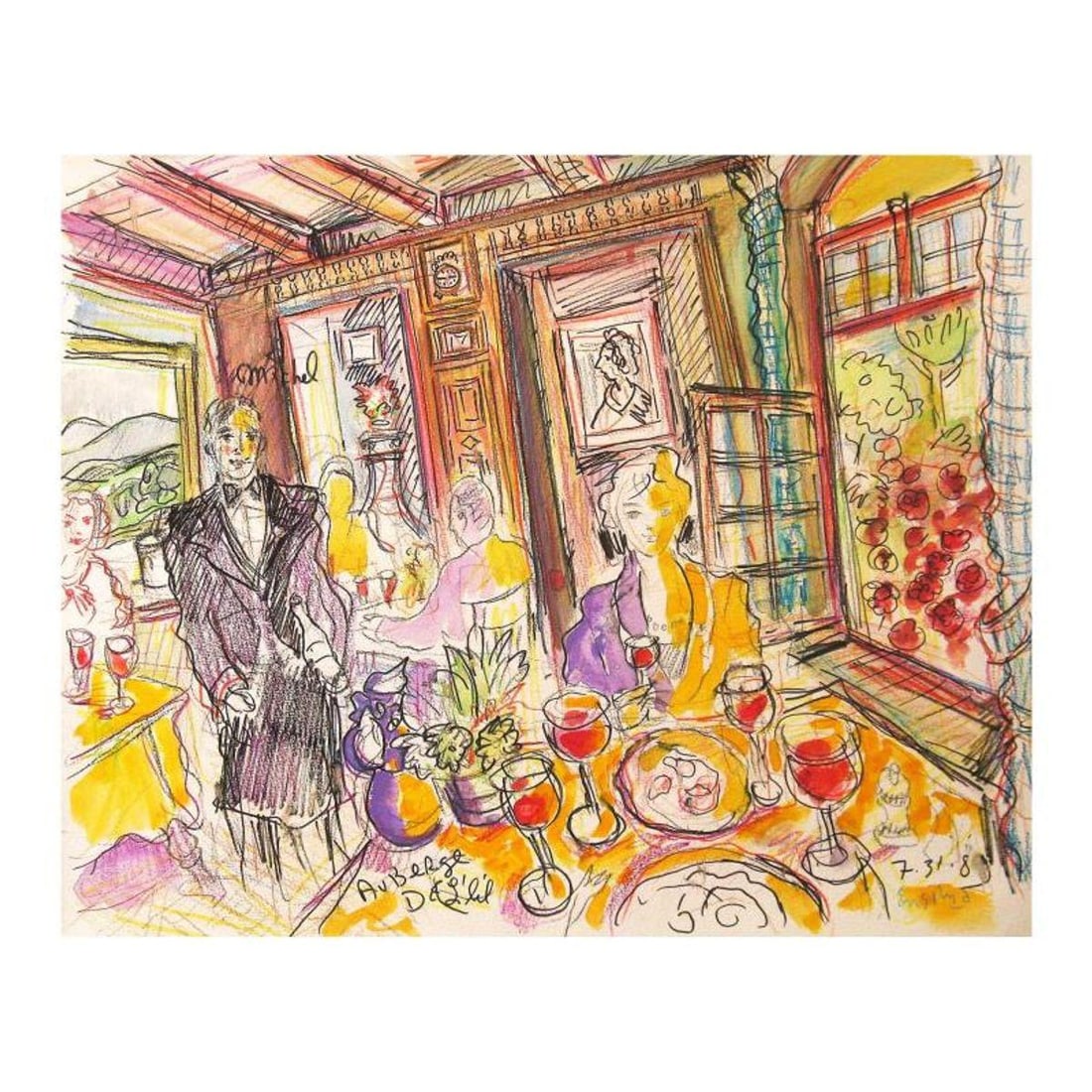 Wayne Ensrud "Auberge de L'ill, France (3-star French restaurant)" Mixed Media Original Artwork;: Auberge de L'ill, France (3-star French restaurant) is an original Mixed Media on Paper by Wayne Ensrud. The piece is hand signed by the artist and comes with a Certificate of Authenticity. Measures a