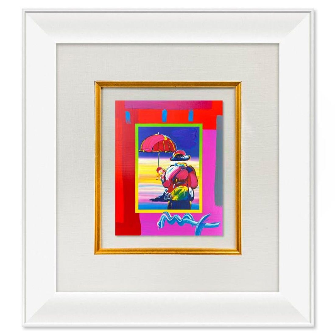 Peter Max, "Umbrella Man on Blends" Framed One-of-a-Kind Acrylic Mixed Media, Hand Signed with: Umbrella Man on Blends is a one-of-a-kind acrylic mixed media on paper, hand signed by Peter Max. The piece comes custom framed with a backside cutout to display Peter Max Studio registration number 2