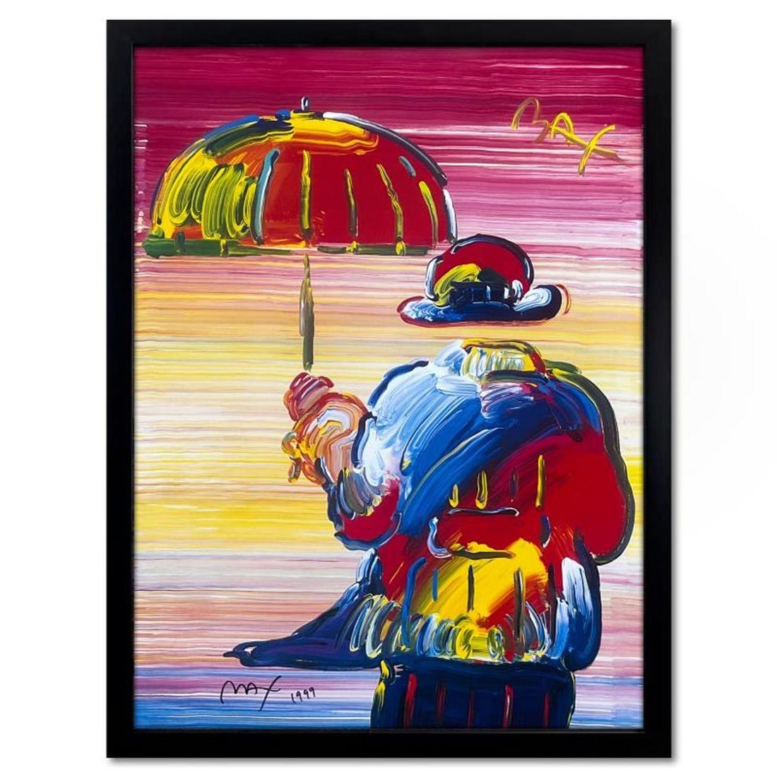 Peter Max, "Umbrella Man" Framed Hand Signed Offset Lithograph with Letter of Authenticity.: Umbrella Man is an offset lithograph on paper by Peter Max, hand signed by the artist. This piece comes custom framed. Includes Letter of Authenticity. Measures approx. 36" x 28" (frame), 32" x 24" (i