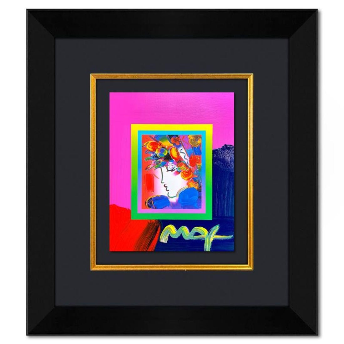 Peter Max, "Blushing Beauty" Framed One-of-a-Kind Acrylic Mixed Media, Hand Signed with Registration: Blushing Beauty is a hand signed one-of-a-kind acrylic mixed media on paper by Peter Max. The piece comes custom framed with a backside cutout to display Peter Max Studio registration number 280991 ce