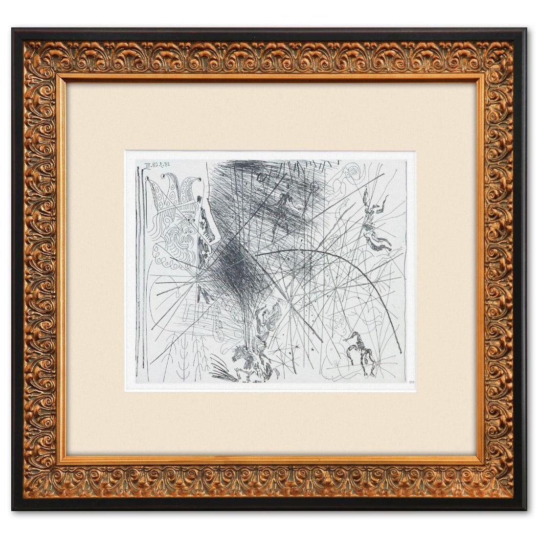 After Pablo Picasso- Offset Lithograph "From The 347 Series": Artist: After Pablo Picasso. Medium: Offset Lithograph. Title: From The 347 Series. Size: 6" x 8". Measures approx. 12" x 14" (framed). Additional: Custom framed. Unsigned and unnumbered. The 347 Seri