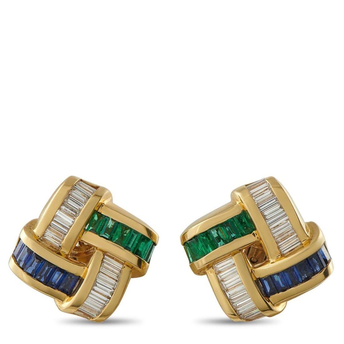 CHARLES KRYPELL 18K YELLOW GOLD 2.56CT DIAMOND, EMERALD, AND SAPPHIRE EARRINGS: A knotted design makes these Charles Krypell earrings an elegant addition to any ensemble. Opulent 18K Yellow Gold beautifully highlights the array of vibrant gemstones, which include Emeralds with a