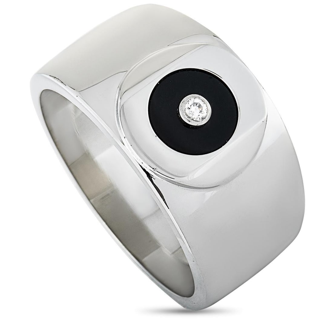 CHARRIOL STERLING SILVER DIAMOND AND ONYX RING: This Charriol ring is crafted from sterling silver and set with onyx and a diamond stone that weighs 0.043 carats. The ring weighs 17.8 grams and boasts band thickness of 8 mm and top height of 3 mm,