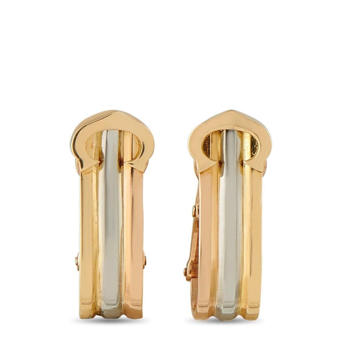 CARTIER TRINITY 18K ROSE, WHITE AND YELLOW GOLD CLIP-ON EARRINGS: These Cartier Trinity earrings are ideal for anyone who appreciates understated luxury. Crafted from a combination of 18K Rose Gold, 18K Yellow Gold, and 18K White Gold, the curved setting features de