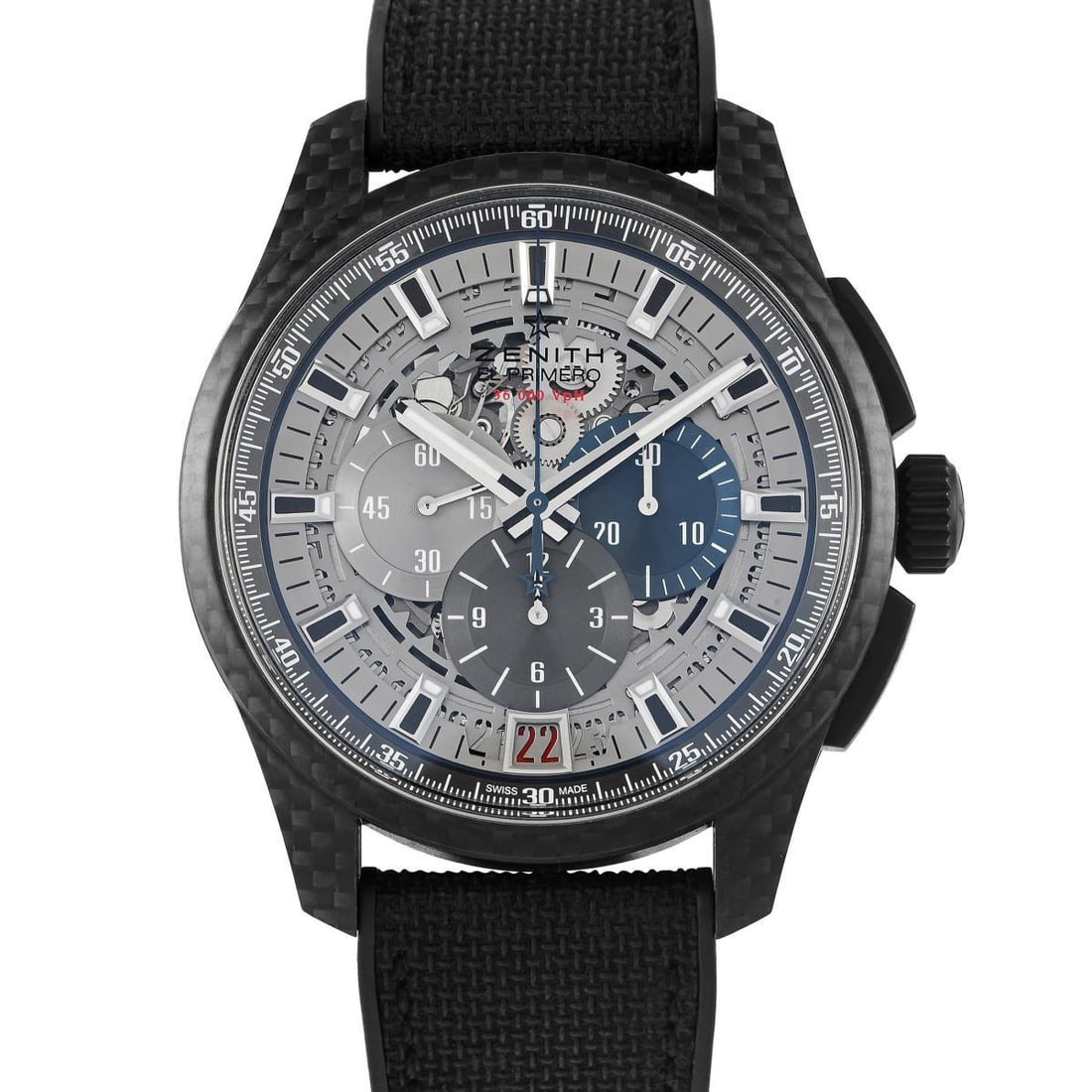 ZENITH EL PRIMERO LIGHTWEIGHT LIMITED EDITION WATCH: The 250-piece limited edition El Primero Lightweight ref. 10.2260.400\/69.R573 was released in 2014. This sporty watch has its 45mm case executed in black carbon fiber and aluminum. The crown and push