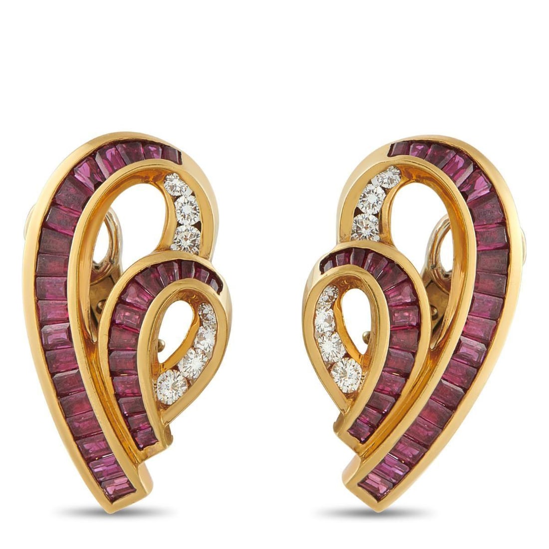 CHARLES KRYPELL 18K YELLOW GOLD 0.72CT DIAMOND AND RUBY CLIP-ON EARRINGS: Vibrant Ruby gemstones with a total weight of 0.80 carats and Diamond accents totaling 0.72 carats make these Charles Krypell earrings impossible to ignore. A curved 18K Yellow Gold setting adds extra