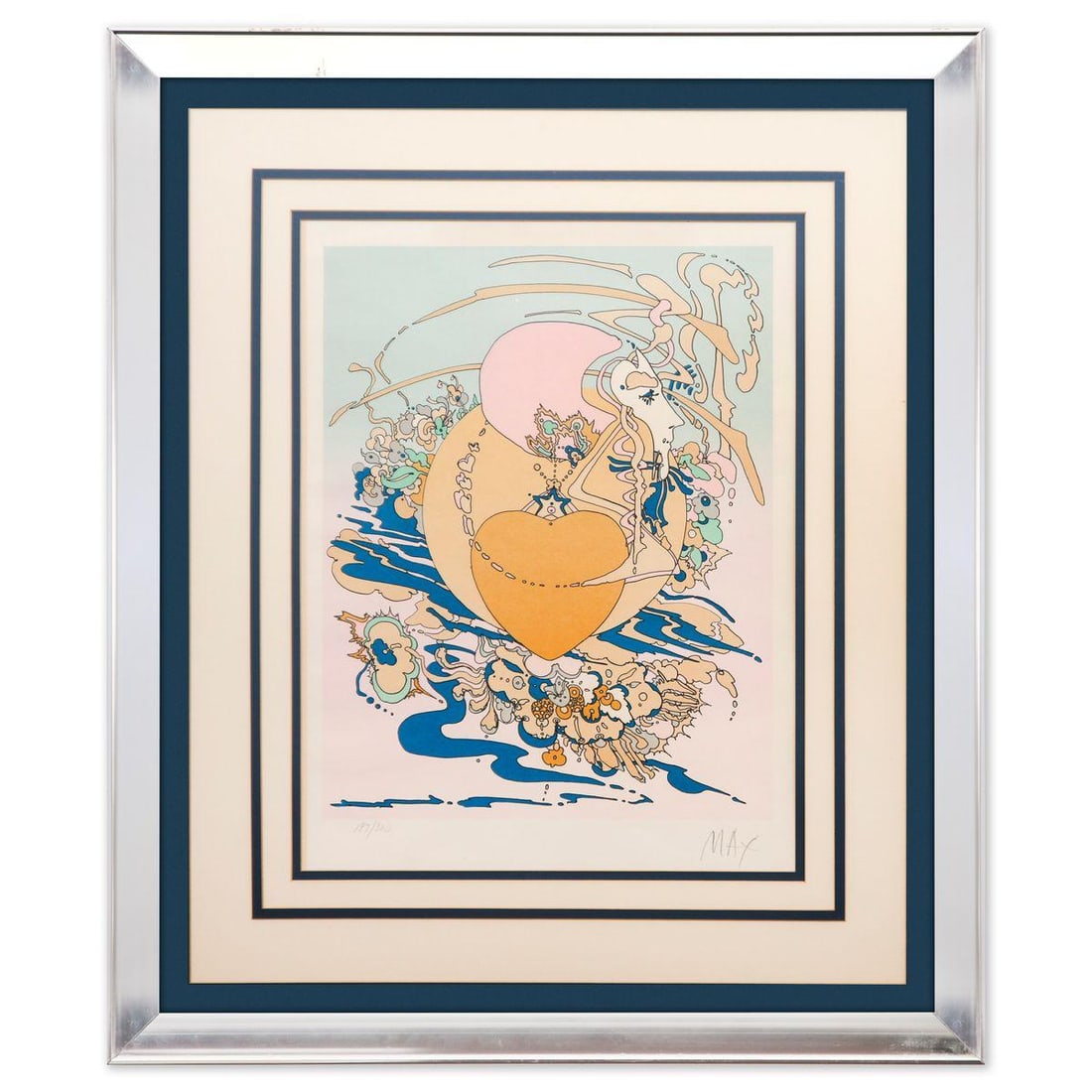 Peter Max- Lithograph in color "Orange Heart": Artist: Peter Max. Medium: Lithograph in color. Title: Orange Heart. Size: 25" x 19". Measures approx. 40" x 34" (framed). Signature: Hand signed and numbered. Certificate of Authenticity: Is included