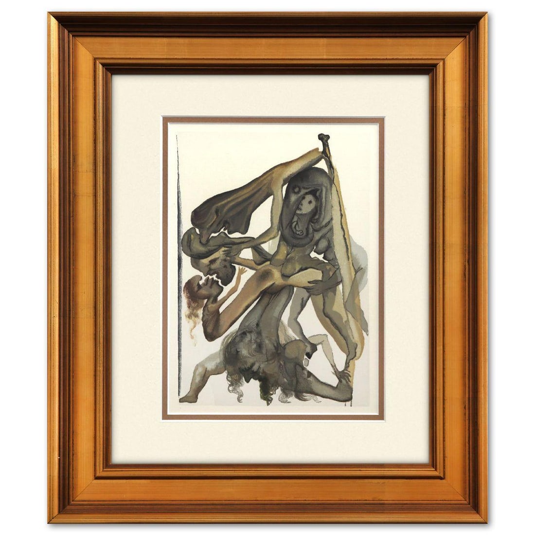 Salvador Dali- Original Color Woodcut on B.F.K. Rives Paper "Inferno 4": Artist: Salvador Dali. Medium: Original Color Woodcut on B.F.K. Rives Paper. Title: Inferno 4. Size: 13" x 10". Measures approx. 18.5" x 15.5" (framed). Certificate of Authenticity: Is included. Addit