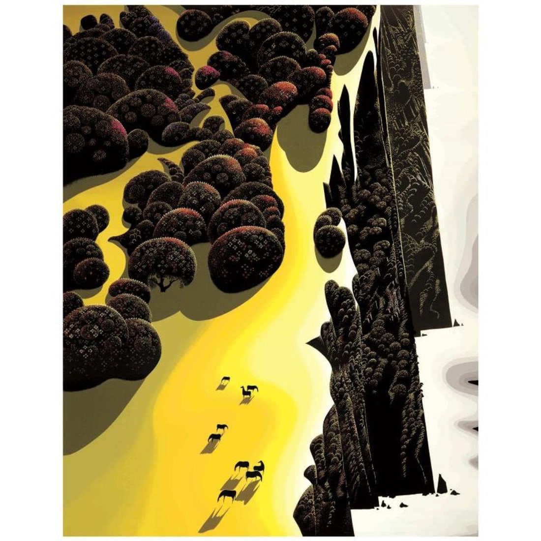 Eyvind Earle (1916-2000), "Horses by the Sea" Estate Limited Edition Serigraph on Paper with: Horses by the Sea is an estate limited edition serigraph on paper by Eyvind Earle (1916-2000). The piece is numbered, gold stamped with the artist's trademark signature by Eyvind Earle Publishing LLC.