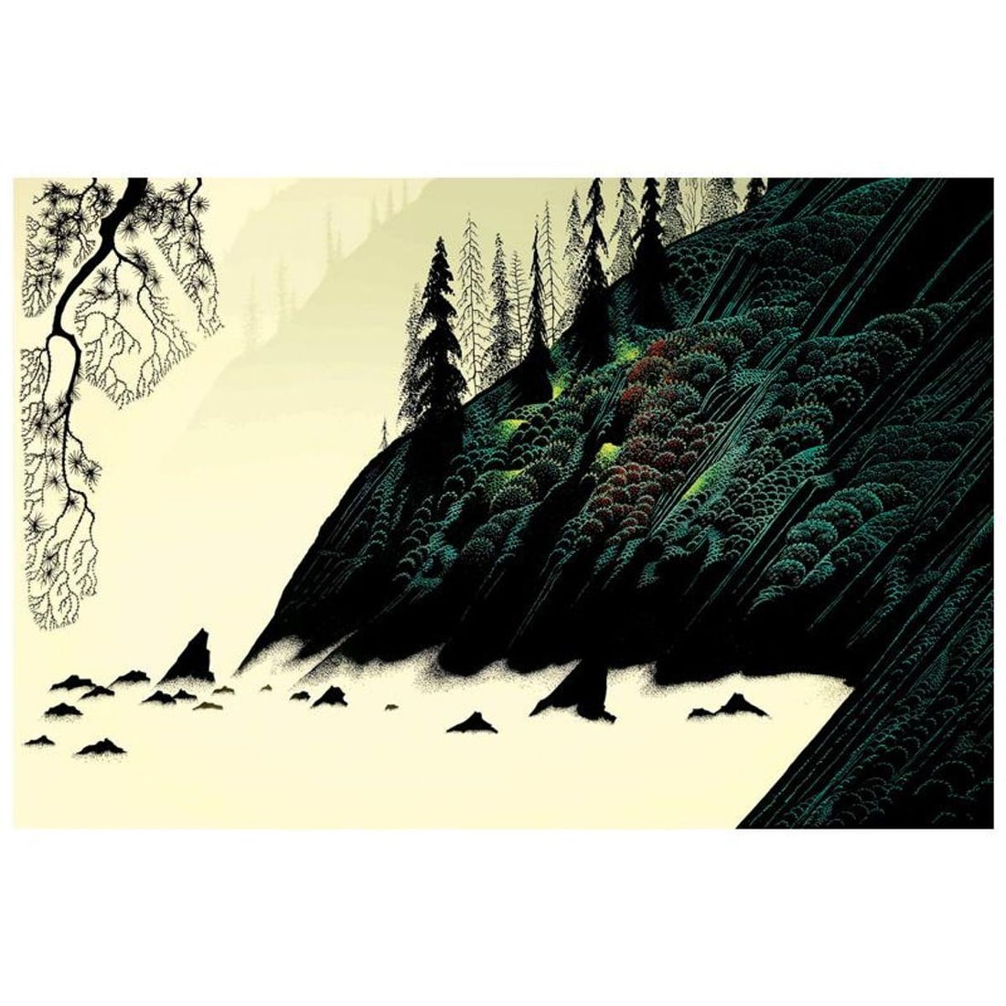 Eyvind Earle (1916-2000), "Spruce Redwood and Pine" Limited Edition Serigraph. Hand Signed and: Spruce Redwood and Pine is a limited edition serigraph on paper by Eyvind Earle (1916-2000). The piece is numbered, hand-signed by the artist, and accompanied by a certificate of authenticity. Measure