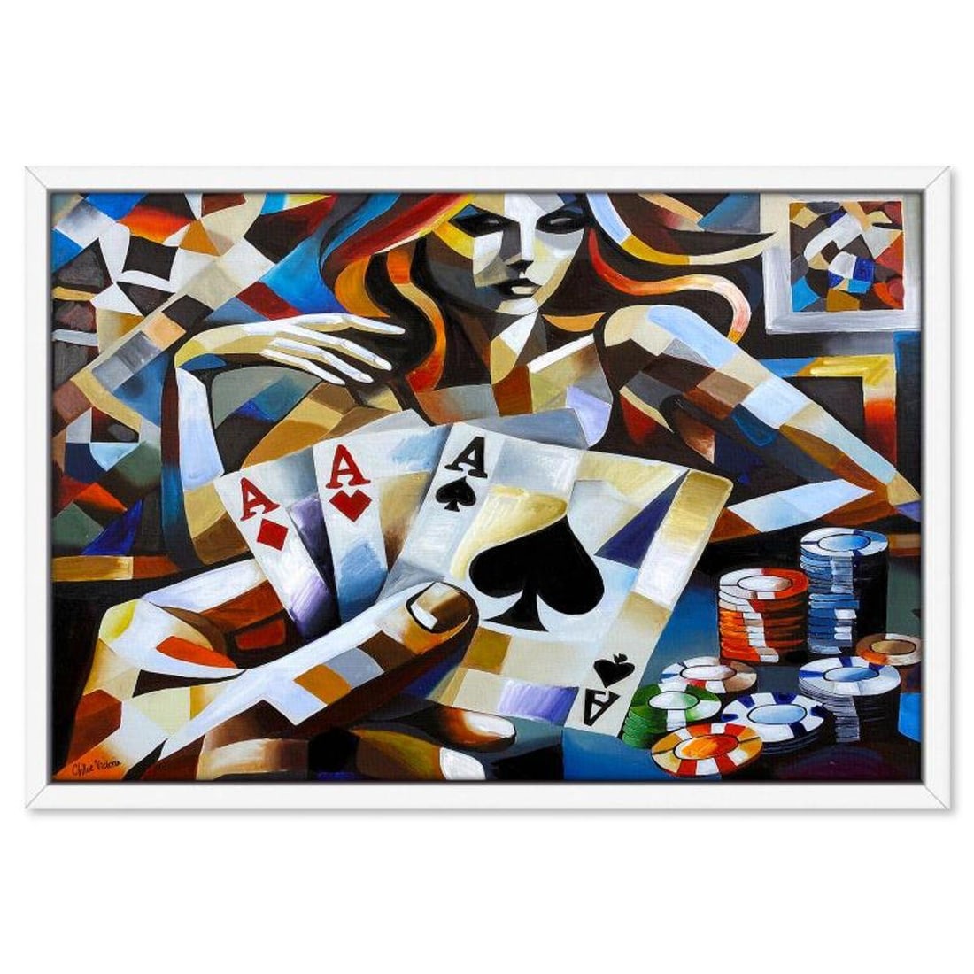 Chloe Victoria, "Queen of Bluff" Framed One-of-a-Kind Mixed Media Overpaint on Canvas, Hand Signed: Queen of Bluff is a one-of-a-kind mixed media overpaint on canvas by Chloe Victoria, hand signed by the artist. This piece comes custom framed. Includes Letter of Authenticity. Measures approx. 27" x