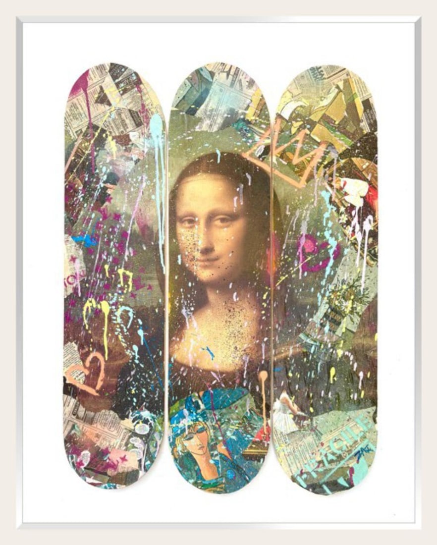 E.M. Zax- 1/1 mixed media collage and paints on 3X wood Skatboard decks: Artist: E.M. Zax. Medium: 1/1 mixed media collage and paints on 3X wood Skatboard decks. Size: 28" x 38". Signature: Hand Signed. Reference#: 81750.