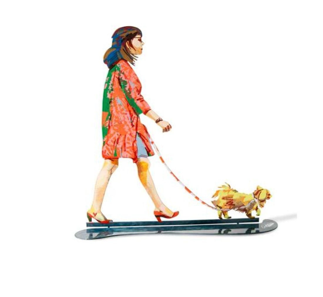 David Gerstein- Free Standing Sculpture "DOG WALKER": Artist: David Gerstein. Medium: Free Standing Sculpture. Title: DOG WALKER. Size: 16.3" x 16.5". Signature: Signed. Certificate of Authenticity: Is included. Additional: This piece is free standing sc