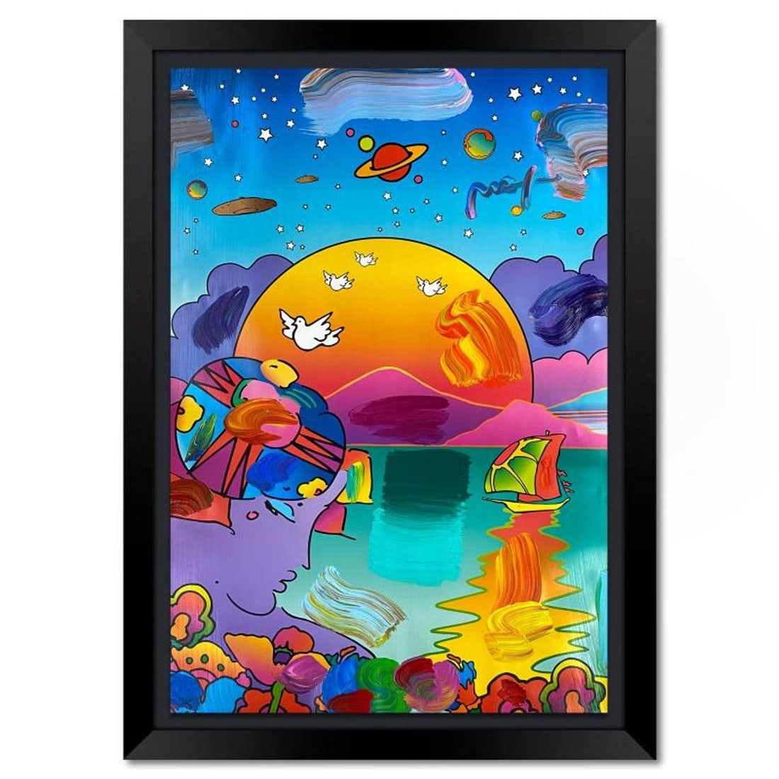 Peter Max, "New Horizon" Framed One-of-a-Kind Mixed Media, Hand Signed with Registration Number: New Horizon is a one-of-a-kind mixed media on paper, hand signed by Peter Max. The piece comes custom framed with a backside cutout to display Peter Max Studio registration number 250343 certifying au