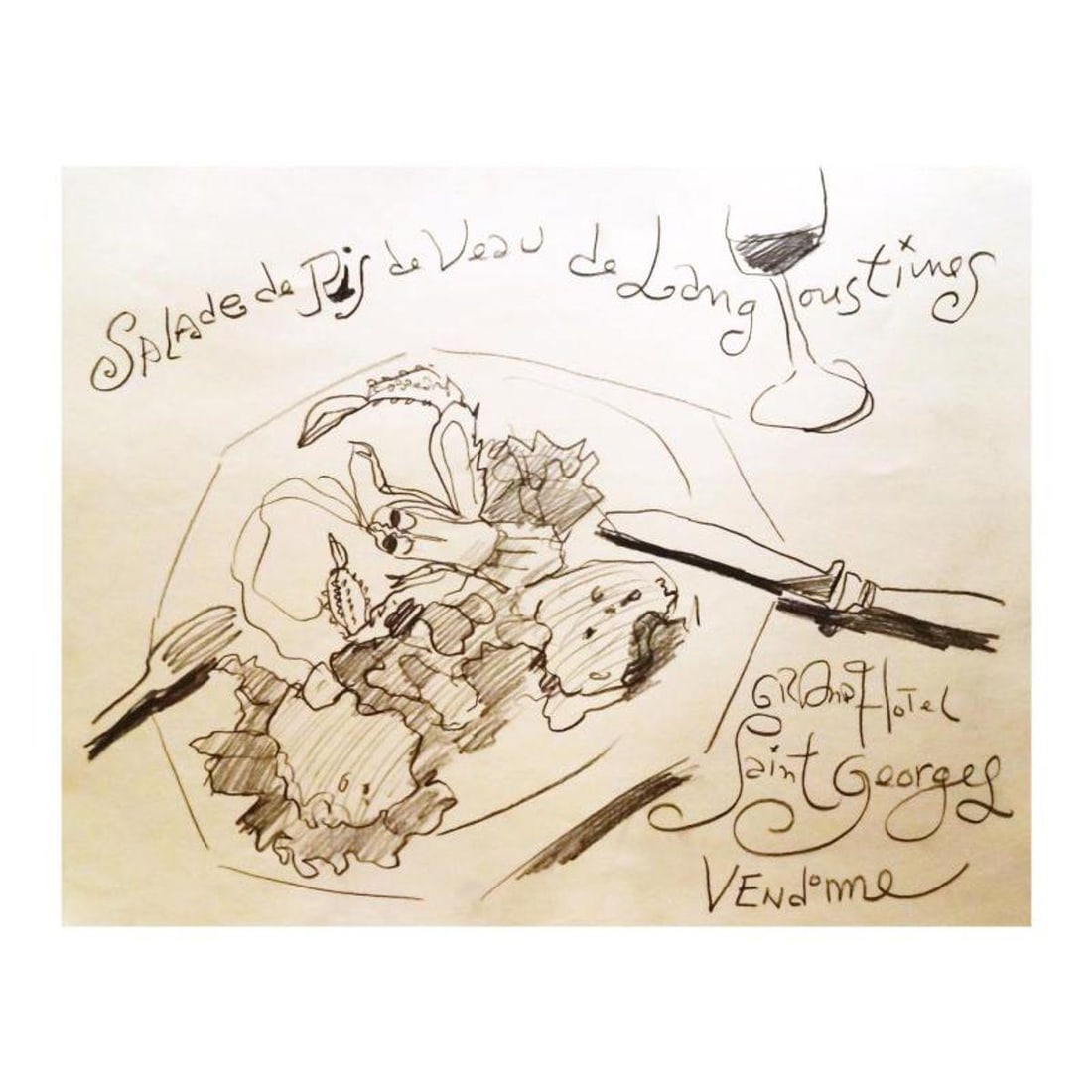 Wayne Ensrud "Salade Ris de Veau et Langoustines" Pastel Original Artwork; Hand Signed; COA: Salade Ris de Veau et Langoustines is an original Pastel on Paper by Wayne Ensrud. The piece is hand signed by the artist and comes with a Certificate of Authenticity. Measures approximately 14" x 18"