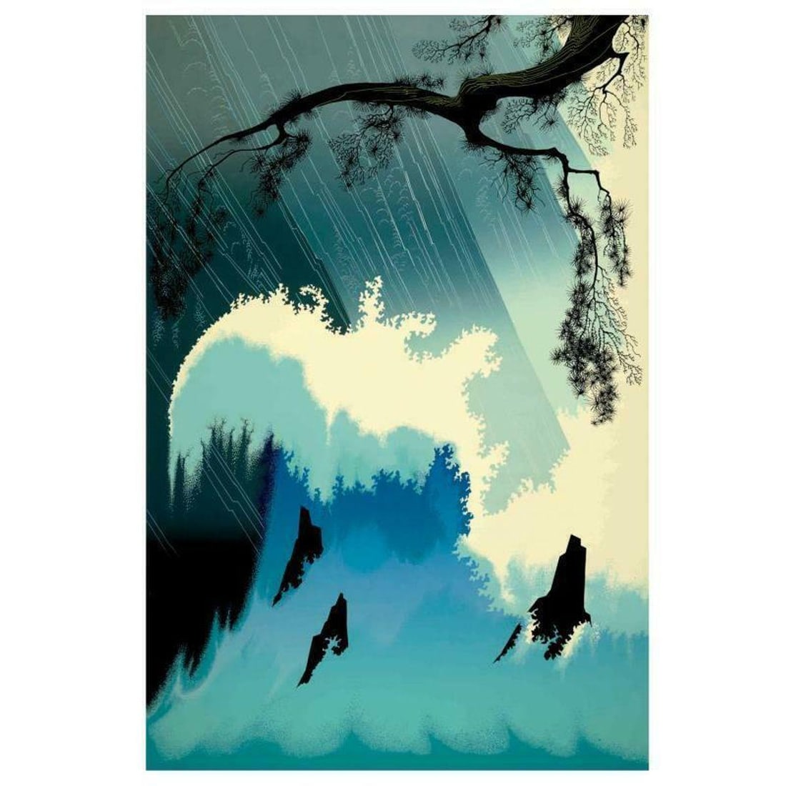 Eyvind Earle (1916-2000), "Ocean Splash" Limited Edition Serigraph on Paper; Numbered & Hand Signed;: Ocean Splash is a limited edition serigraph on paper by Eyvind Earle (1916-2000). The piece is numbered, hand-signed by the artist, and accompanied by a certificate of authenticity. Measures approxima