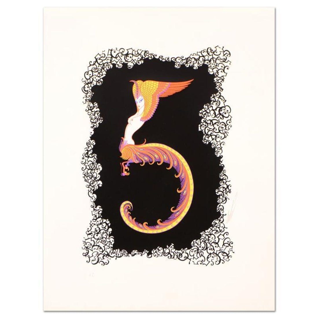 Erte (1892-1990), "Numeral 5" Hand Signed HC Limited Edition Serigraph with Certificate of: Numeral 5 is a hand signed limited edition serigraph on paper by Erte (1892-1990) from an HC edition. Includes Certificate of Authenticity. Measures approx. 17" x 22.5" (border), 12" x 17" (image). Du