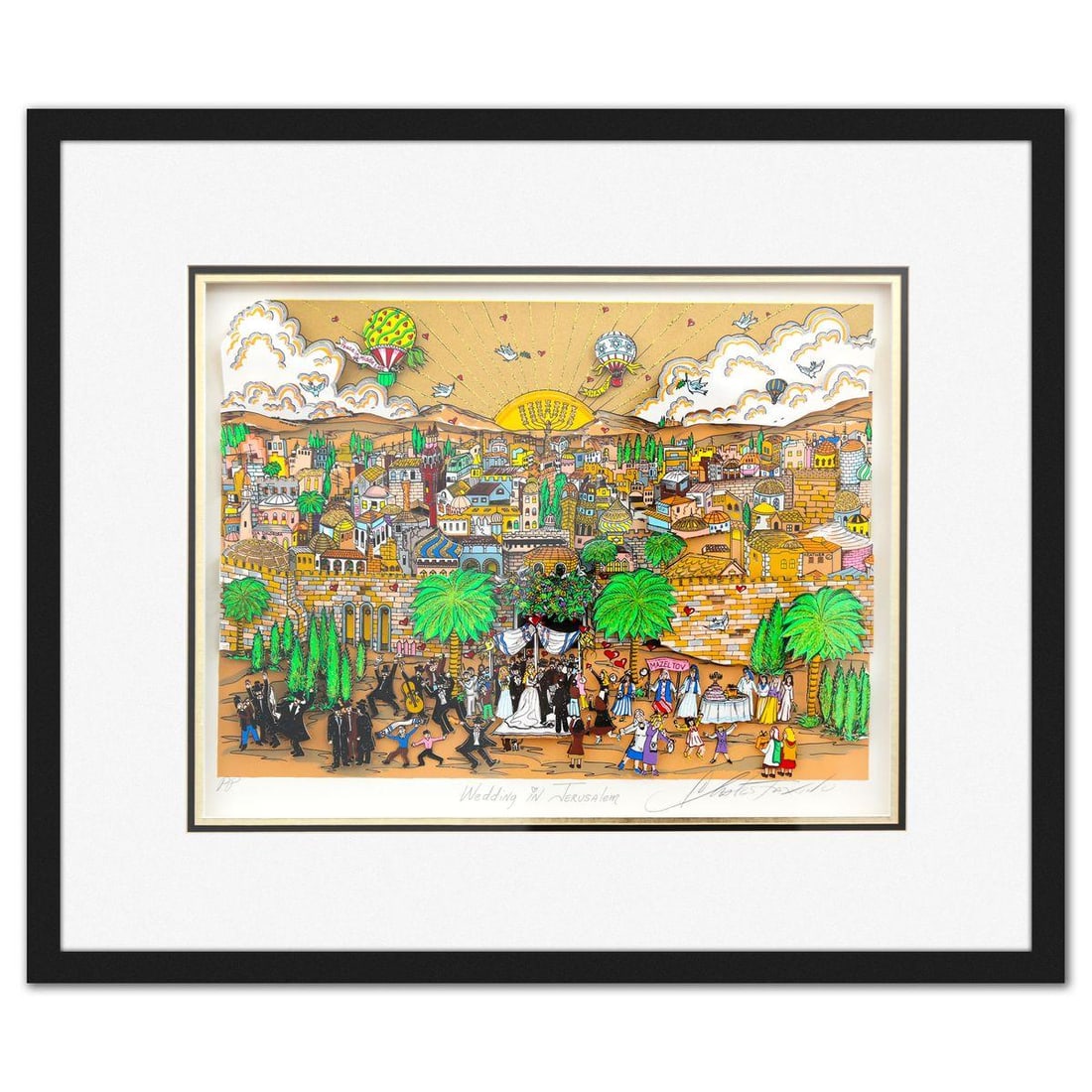 Charles Fazzino- 3D Construction Silkscreen Serigraph "Wedding in Jerusalem": Artist: Charles Fazzino. Medium: 3D Construction Silkscreen Serigraph. Title: Wedding in Jerusalem. Size: 13" x 17". Measures approx. 21" x 25" (framed). Signature: Hand signed and numbered. Certifica