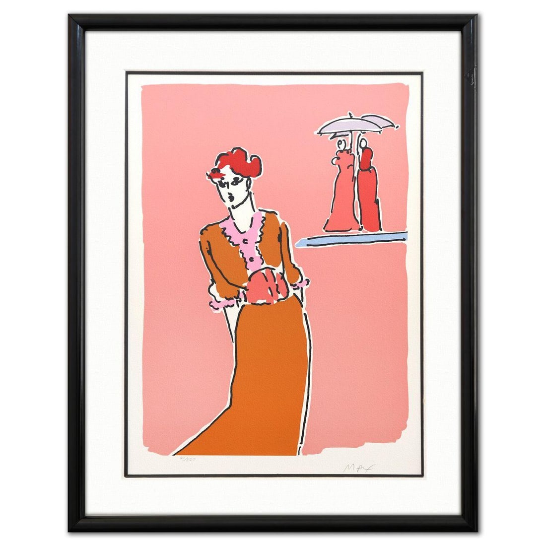Peter Max- Lithograph "Two With Umbrellas": Artist: Peter Max. Medium: Lithograph. Title: Two With Umbrellas. Size: 29" x 21". Measures approx. 37" x 29" (framed). Signature: Hand signed and numbered. Certificate of Authenticity: Is included. R