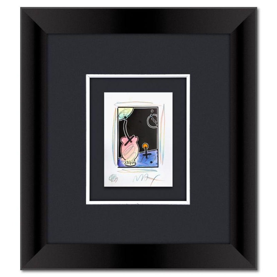Peter Max, Framed One-of-a-Kind Mixed Media, Hand Signed with Registration Number Certifying: This is a one-of-a-kind mixed media on paper, hand signed by Peter Max. The piece comes custom framed with a backside cutout to display Peter Max Studio registration number 370492 certifying authentic