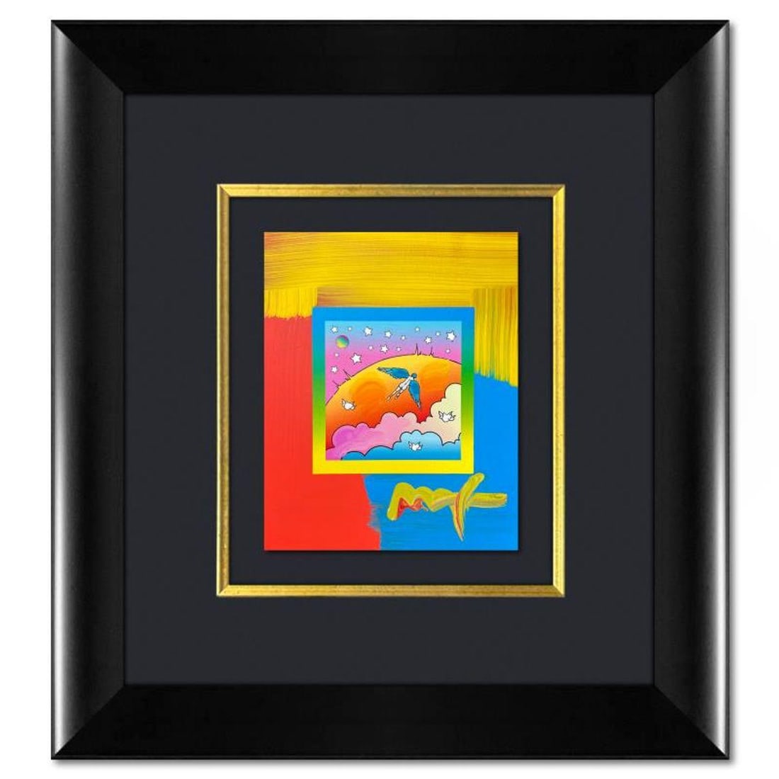 Peter Max, "Angel with Clouds" Framed One-of-a-Kind Acrylic Mixed Media, Hand Signed with: Angel with Clouds is a one-of-a-kind acrylic mixed media on paper, hand signed by Peter Max. The piece comes custom framed with a backside cutout to display Peter Max Studio registration number 328885