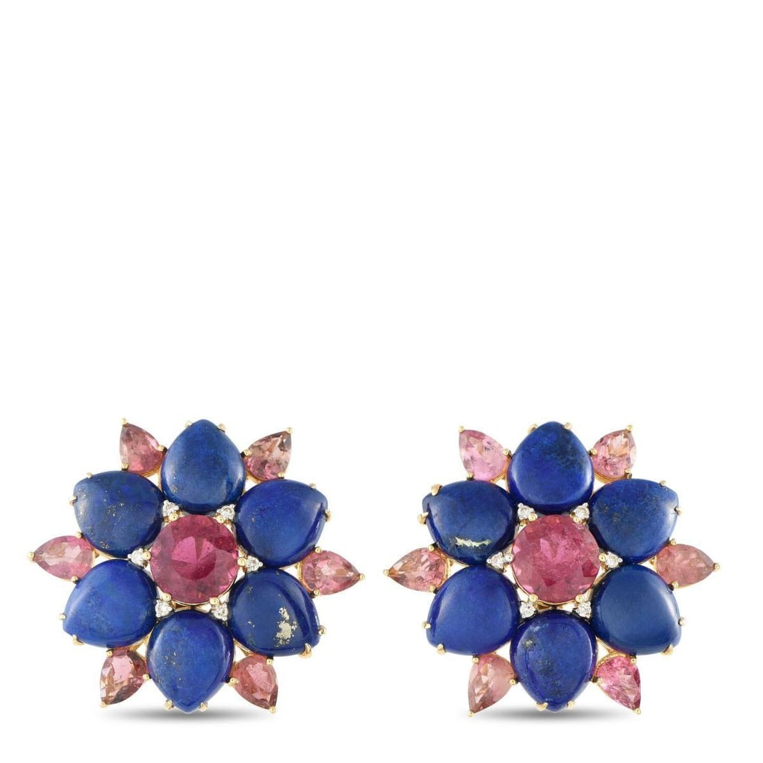 VINTAGE 18K YELLOW GOLD DIAMOND, LAPIS, AND PINK TOURMALINE FLOWER EARRINGS: Playful yet elegant, these vintage earrings bloom like captivating lanterns. Each flower-inspired earring combines rich blue lapis lazuli stones with pink tourmalines, accented by sparkling diamonds t