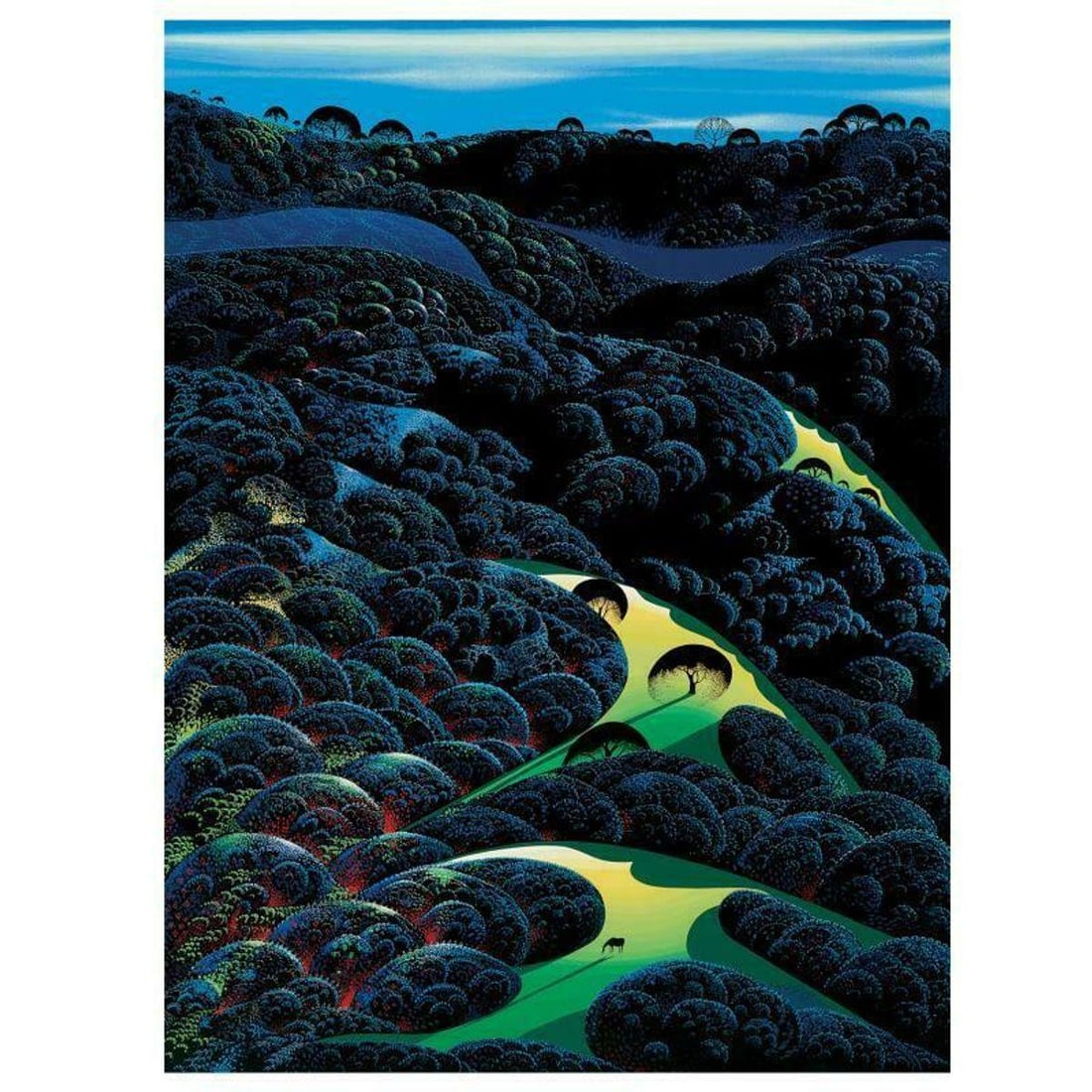 Eyvind Earle (1916-2000), "Three Pastures On A Hillside" Limited Edition Serigraph on Paper;: Three Pastures On A Hillside is a limited edition serigraph on paper by Eyvind Earle (1916-2000). The piece is numbered, hand-signed by the artist, and accompanied by a certificate of authenticity. Me