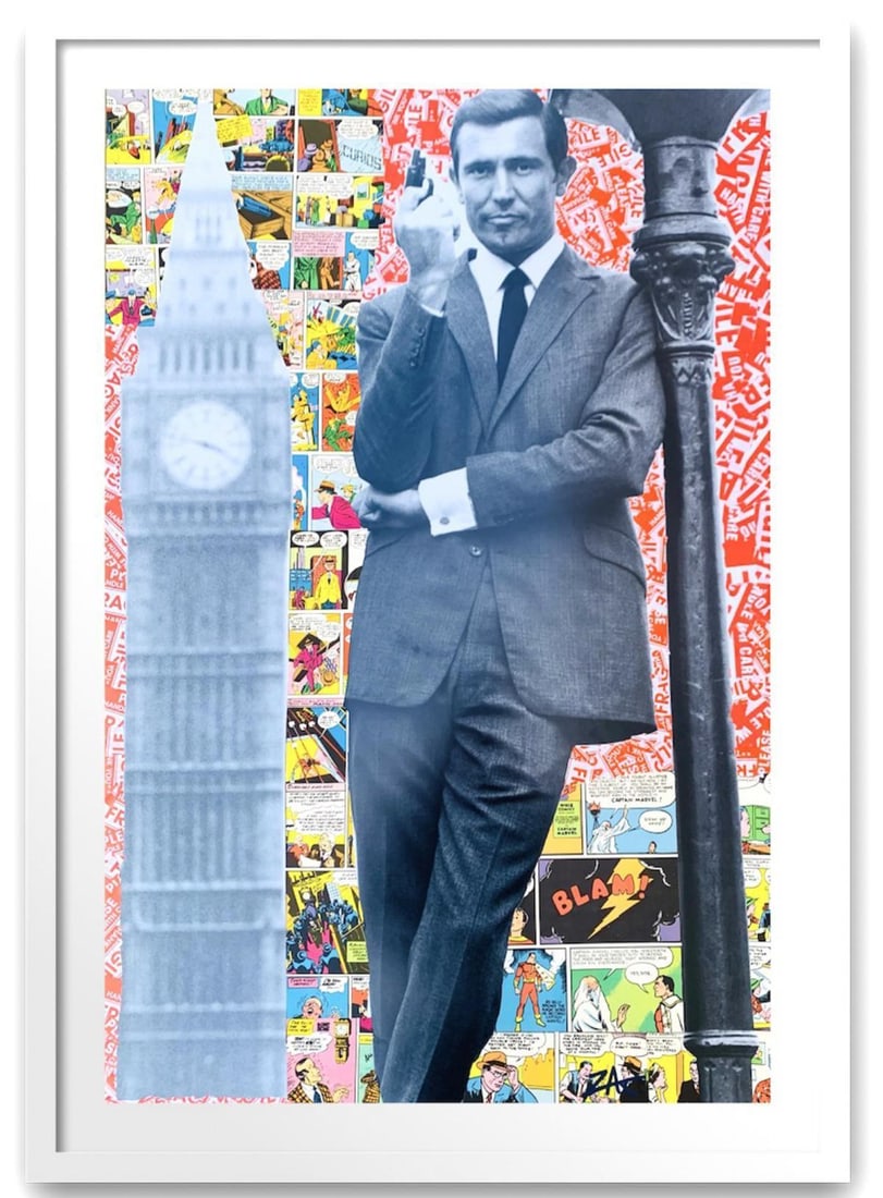 E.M ZAX- Mixed media collage on paper "Bond ": Artist: E.M ZAX. Medium: Mixed media collage on paper. Title: Bond . Size: 24" x 36". Measures approx. 28" x 38" (framed). Signature: Hand Signed. Reference#: 25144.