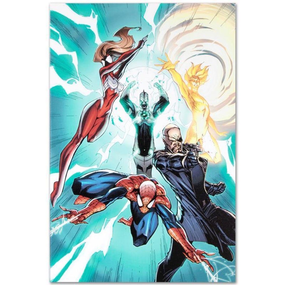 Marvel Comics "Ultimate Mystery #1" Numbered Limited Edition Giclee on Canvas by J. Scott Campbell: A piece of comic book history, this limited edition, from original art by J. Scott Campbell, depicts Spider Woman, Spider-Man, Nick Fury, Captain Marvel and The Human Torch. Though he became famous fo