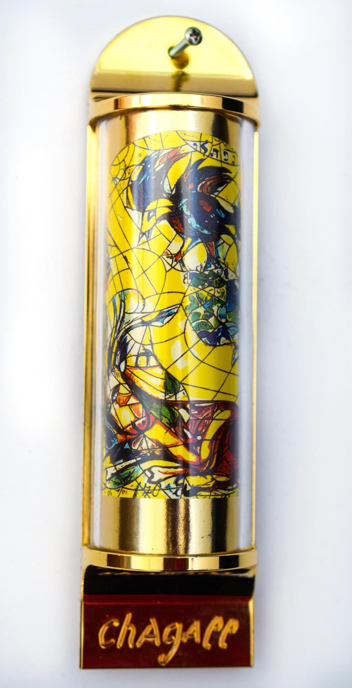 Marc Chagall- Mezuzah - silkscreen on 24K gold plated bronze "12 Tribes Hadassah Windows - Naphtali": Artist: Marc Chagall. Medium: Mezuzah - silkscreen on 24K gold plated bronze. Title: 12 Tribes Hadassah Windows - Naphtali. Size: 5" x 1.5". Reference#: 15770.