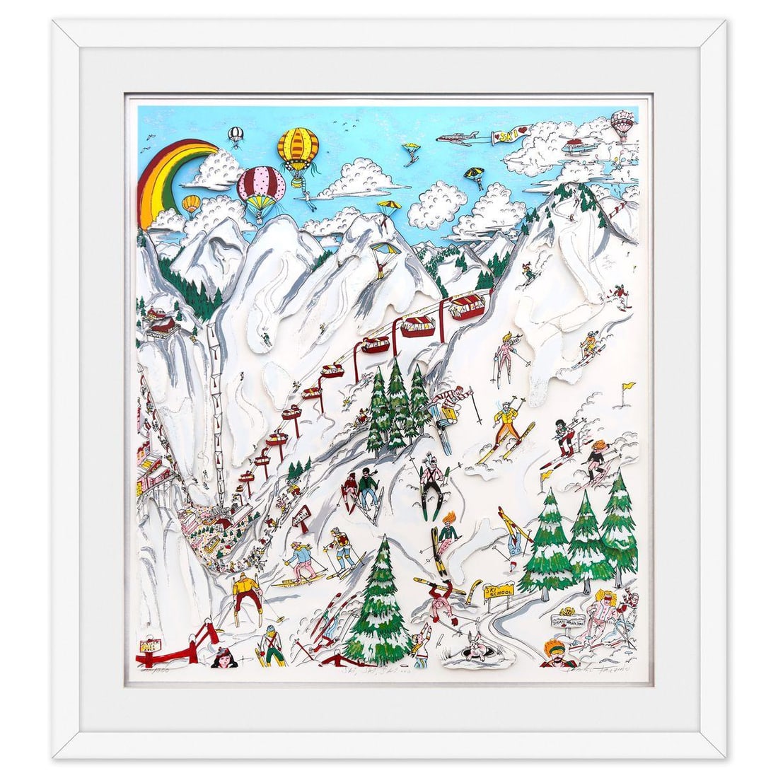 Charles Fazzino- 3D Construction Silkscreen Serigraph "Ski,Ski,Ski": Artist: Charles Fazzino. Medium: 3D Construction Silkscreen Serigraph. Title: Ski,Ski,Ski. Size: 34" x 30". Measures approx. 43" x 39" (framed). Signature: Hand Signed and Numbered. Certificate of Aut