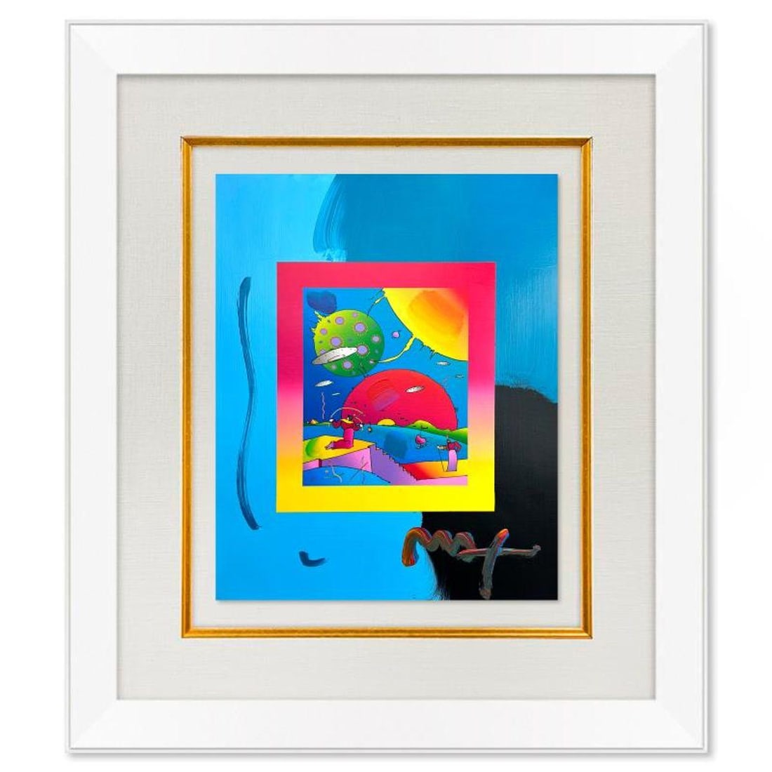 Peter Max, "Year 2250" Framed One-of-a-Kind Mixed Media, Hand Signed with Registration Number: Year 2250 is a one-of-a-kind mixed media on paper, hand signed by Peter Max. The piece comes custom framed with a backside cutout to display Peter Max Studio registration number 203477 certifying auth