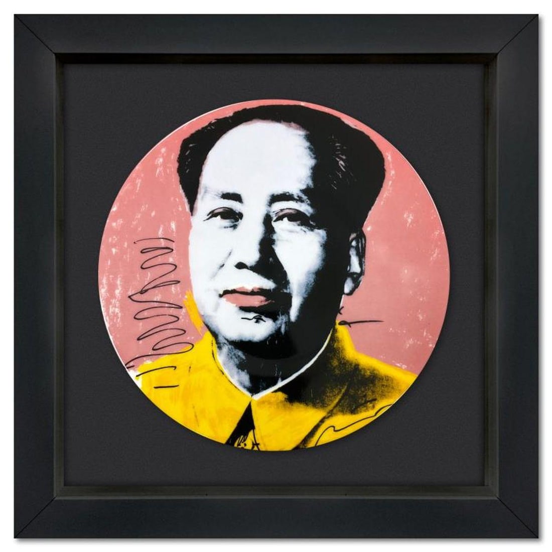 Andy Warhol (1928-1987), "MAO (Yellow Jacket)" Framed Limoges Porcelain Plate.: MAO (Yellow Jacket) is a Limoges porcelain plate bearing the plate signature inverso of Andy Warhol (1928-1987). This plate is custom framed and floated on linen. Measures approx. 13.5" x 13.5" (frame