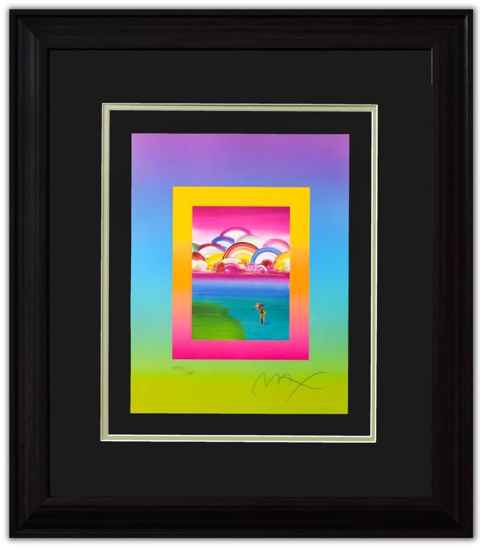 Peter Max- Original Lithograph "UMBRELLA MAN WITH RAIMBOW SKY ON BLENDS": Artist: Peter Max. Medium: Original Lithograph. Title: UMBRELLA MAN WITH RAIMBOW SKY ON BLENDS. Size: 12.5" x 10". Measures approx. 24" x 21" (framed). Signature: Hand Signed and Numbered by the artis