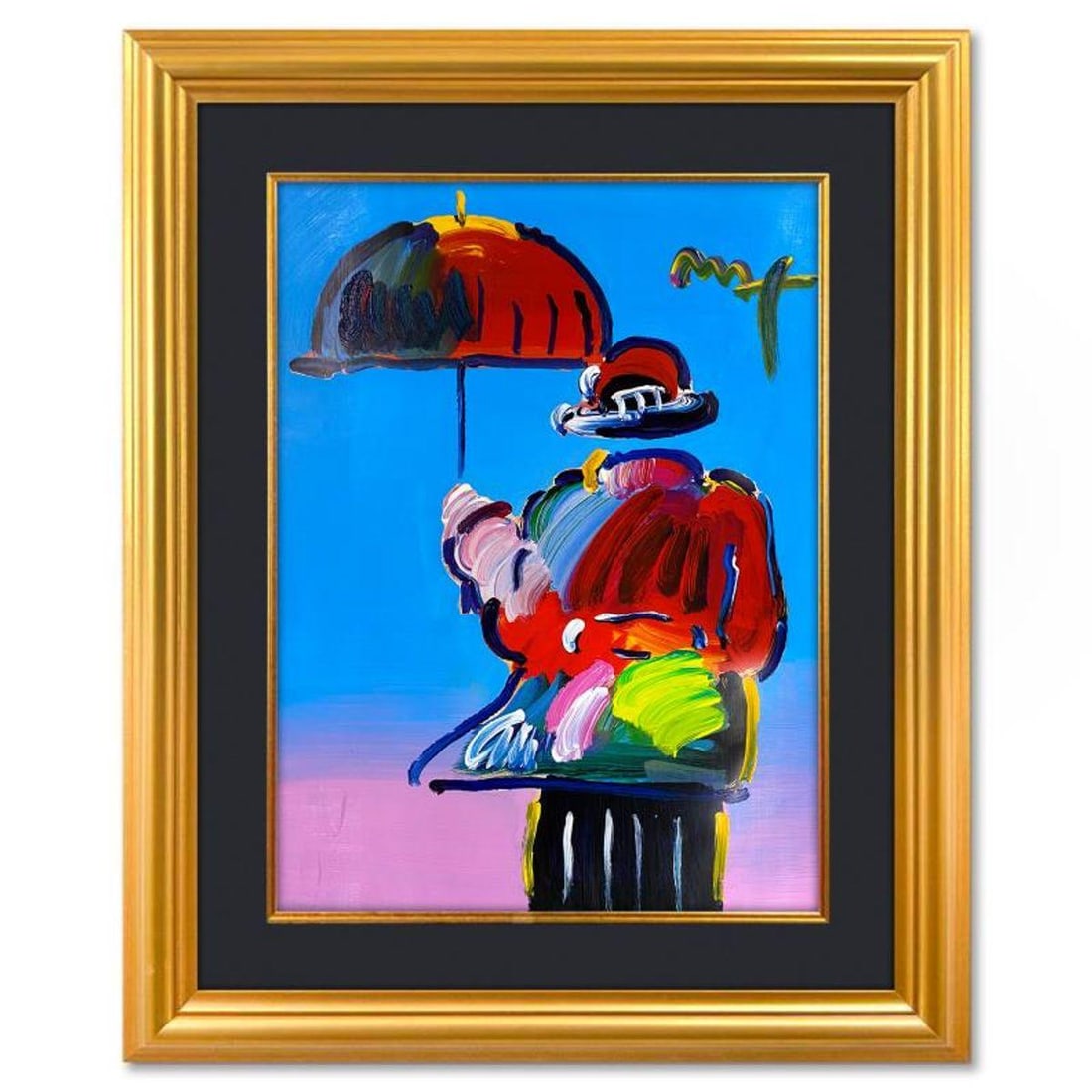 Peter Max, "Umbrella Man" Framed One-of-a-Kind Mixed Media, Hand Signed with Registration Number: Umbrella Man is a one-of-a-kind mixed media on paper, hand signed by Peter Max. The piece comes custom framed with a backside cutout to display Peter Max Studio registration number 264739 certifying a