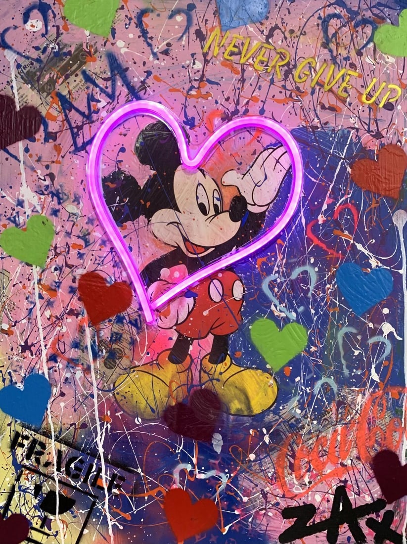 E.M. Zax- 1/1 Unique mixed media collage with acrylic paints and Neon Light: Artist: E.M. Zax. Medium: 1/1 Unique mixed media collage with acrylic paints and Neon Light. Size: 24" x 32". Additional: Canvas Gallery Wrap, Power Cable Included. Reference#: 25065.