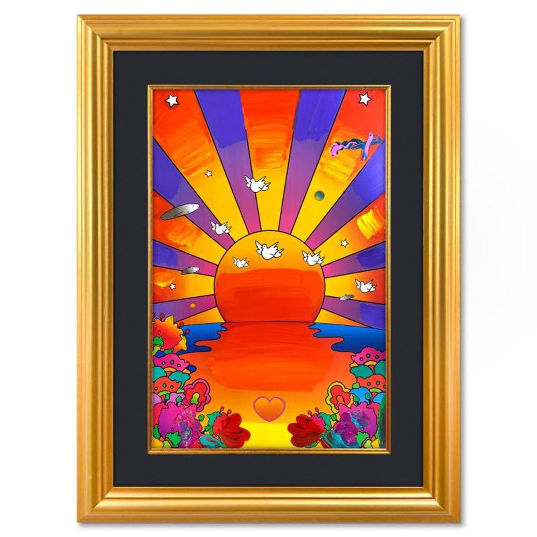 Peter Max, "Sunrise 2000" Framed One-of-a-Kind Mixed Media, Hand Signed with Registration Number: Sunrise 2000 is a one-of-a-kind mixed media on paper, hand signed by Peter Max. The piece comes custom framed with a backside cutout to display Peter Max Studio registration number 297263 certifying a