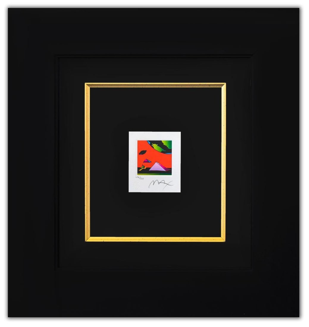 Peter Max- Original Lithograph "Jumper with Two Pyramids (Mini)": Artist: Peter Max. Medium: Original Lithograph. Title: Jumper with Two Pyramids (Mini). Size: 3.5" x 3". Measures approx. 18" x 17" (framed). Signature: Hand Signed and Numbered by the artist. Certifi