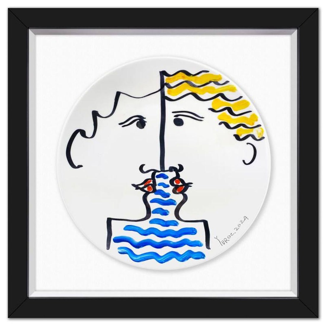 Yuroz, Framed Hand Painted Ceramic Plate, Hand Signed with Letter of Authenticity.: This is a hand painted ceramic plate by Yuroz, hand signed by the artist. This piece comes custom framed floated on linen. Includes Letter of Authenticity. Measures approx. 15.5" x 16" (frame), 11" (d