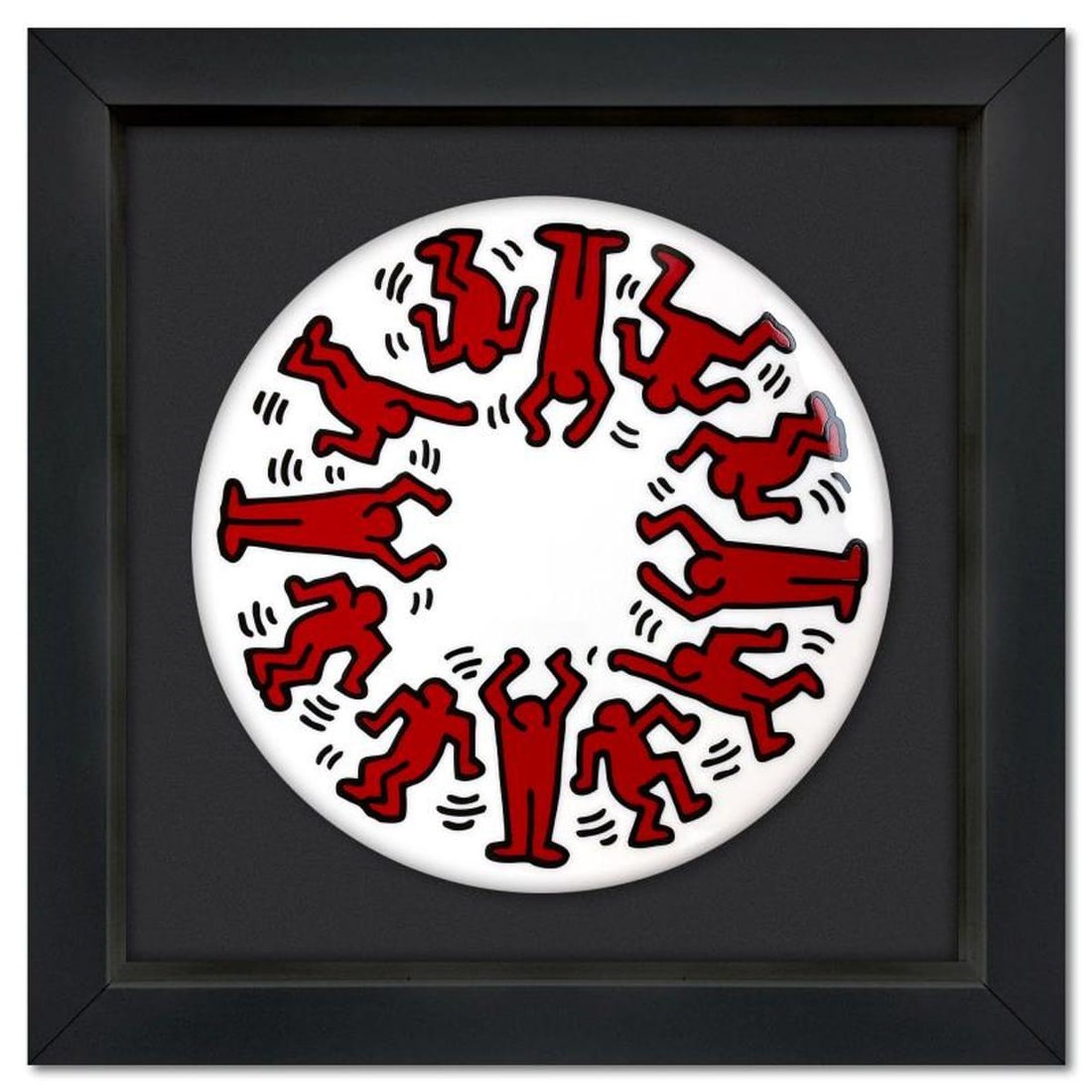Keith Haring (1958-1990), "Red on White" Framed Limoges Porcelain Plate.: Red on White is a Limoges porcelain plate bearing the plate signature inverso of Keith Haring (1958-1990). This plate is custom framed and floated on linen. Measures approx. 16" x 16" (frame), 11" (pl